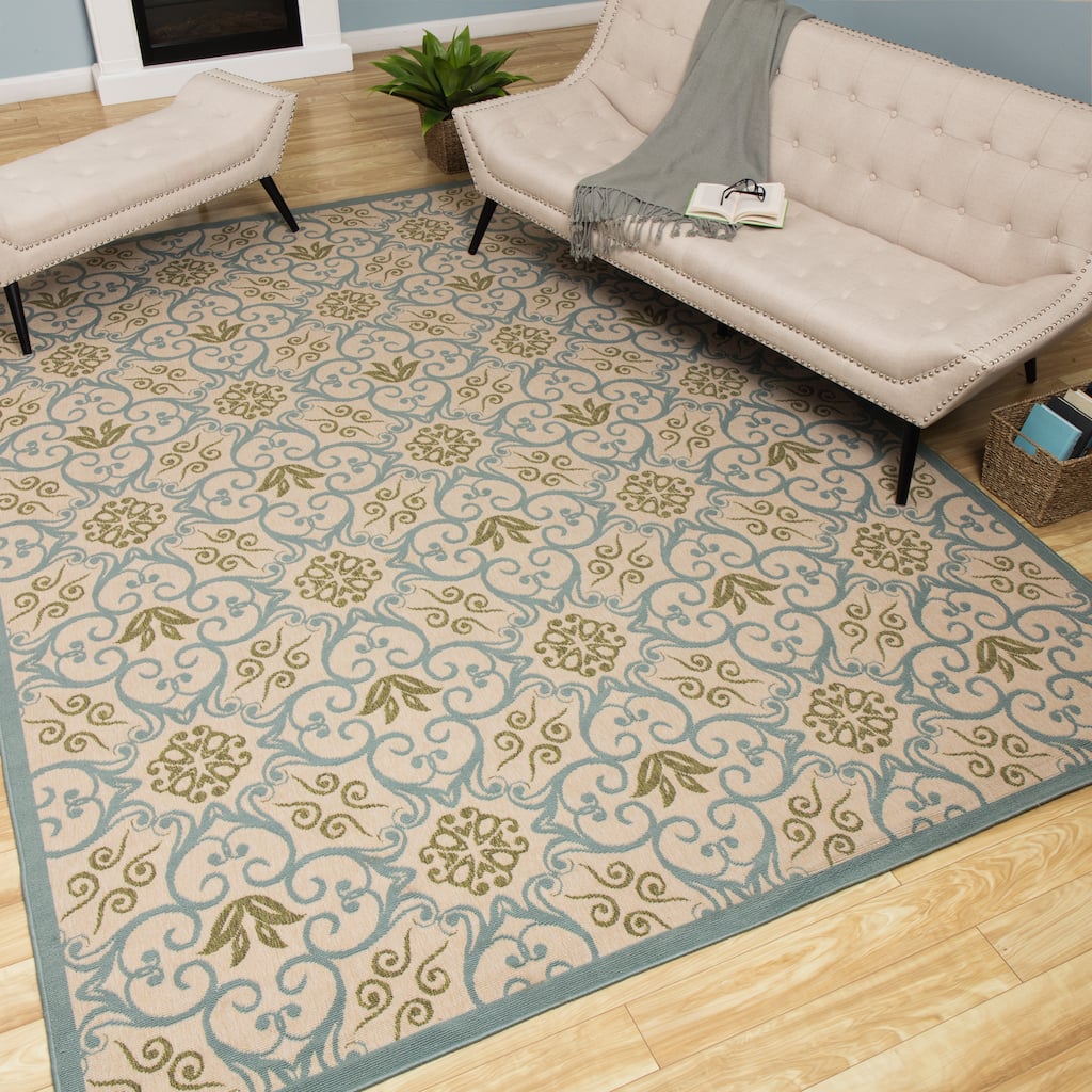 Rug Squared Jupiter Indoor/Outdoor Ivory Blue Rug - 7'10" x 10'6"