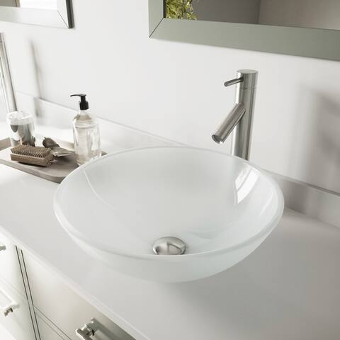 VIGO White Frost Glass Vessel Bathroom Sink Set With Dior Vessel Faucet