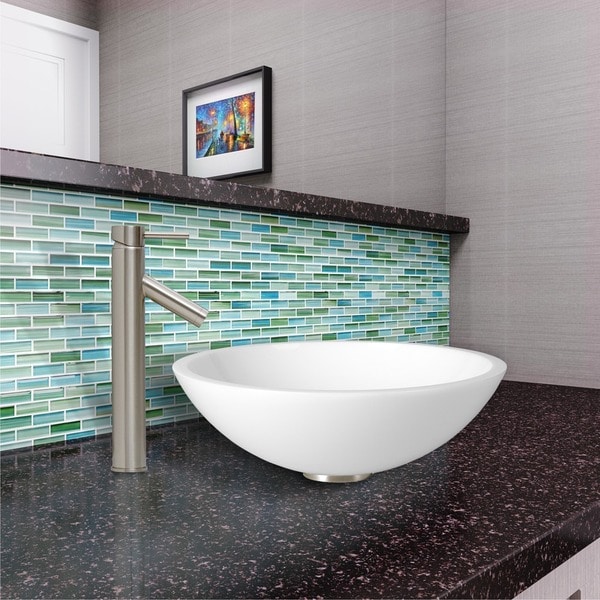 Vigo Flat Edged White Phoenix Stone Glass Vessel Sink and Dior Brushed