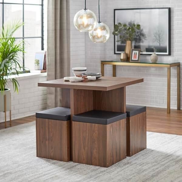 Simple Living Baxter 5-piece Table with Storage Ottoman Dining Set - Walnut Brown