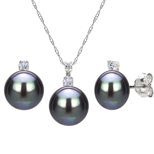 DaVonna Sterling Silver Black Freshwater Pearl and Cubic Zirconia Jewelry Set (7-8 mm)