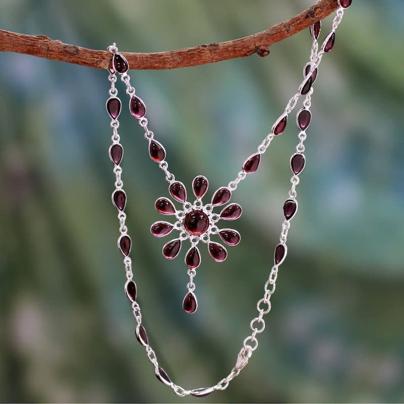 Handmade Sterling Silver Crimson Allure Red Garnet Y Teardrop Necklace (India) - 7'6" x 9'6"