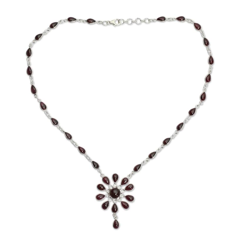 Handmade Sterling Silver Crimson Allure Red Garnet Y Teardrop Necklace (India) - 7'6" x 9'6" - White - Red - 7'6" x 9'6" - 18 Inch
