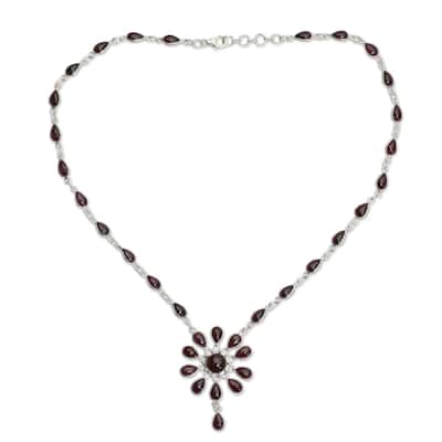 Handmade Sterling Silver Crimson Allure Red Garnet Y Teardrop Necklace (India) - 7'6" x 9'6"