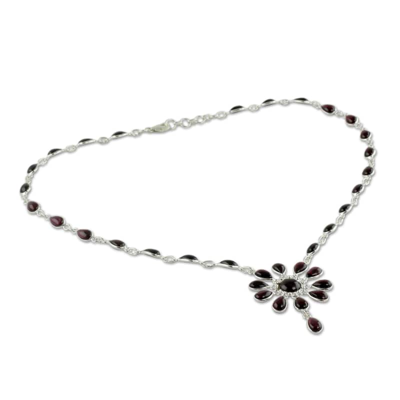 Handmade Sterling Silver Crimson Allure Red Garnet Y Teardrop Necklace (India) - 7'6" x 9'6"