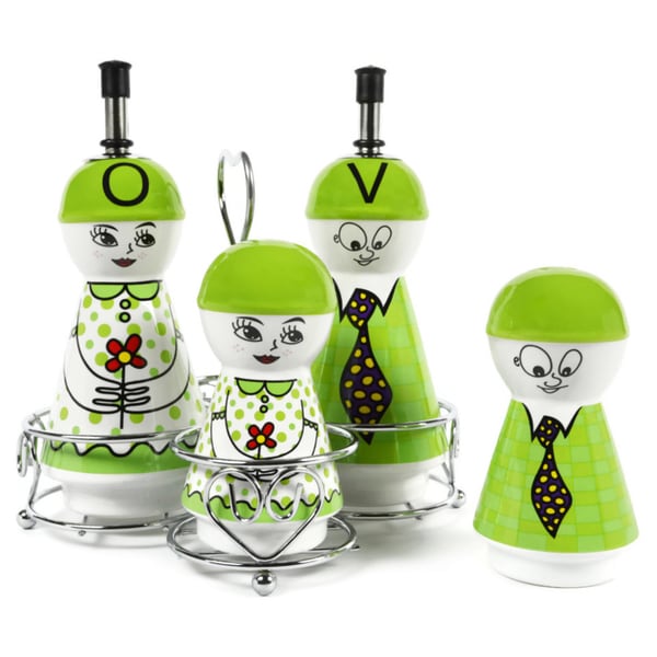 Green Family Ceramic Oil and Vinegar Dispensers, Salt and Pepper