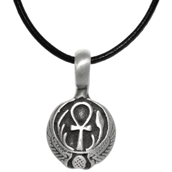 Pewter Egyptian Ankh with Wings Long Life Pendant on Black Leather Necklace