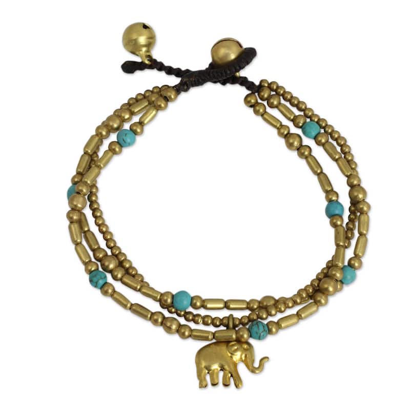 NOVICA Brass Calcite Thai Elephant Charm Beaded Bracelet (Thailand)