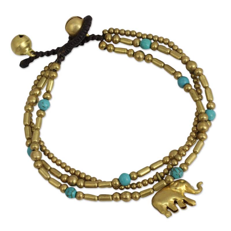 NOVICA Brass Calcite Thai Elephant Charm Beaded Bracelet (Thailand)