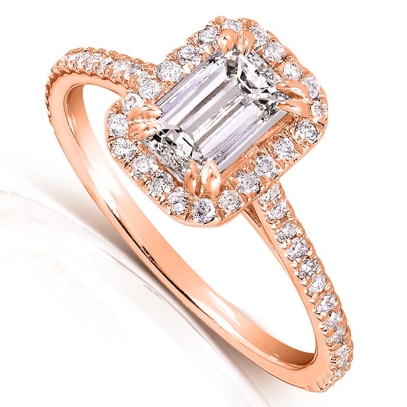 Annello by Kobelli 14k Rose Gold 1 1/3ct TDW Emerald-cut Diamond Halo Engagement Ring