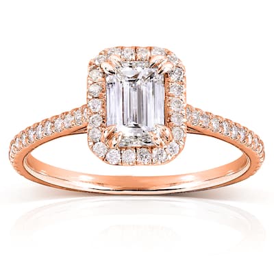 Annello by Kobelli 14k Rose Gold 1 1/3ct TDW Emerald-cut Diamond Halo Engagement Ring