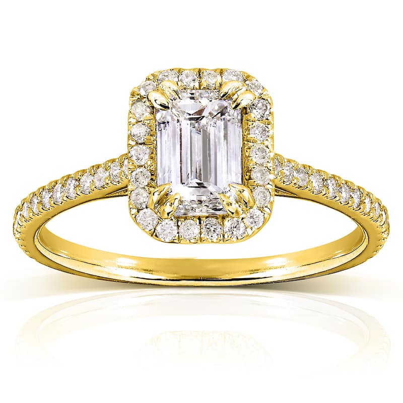 Annello by Kobelli 14k Yellow Gold 1 1/3ct TDW Emerald-cut Diamond Halo Engagement Ring