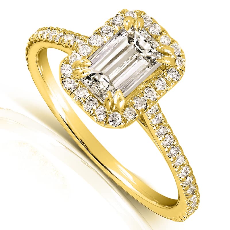 Annello by Kobelli 14k Yellow Gold 1 1/3ct TDW Emerald-cut Diamond Halo Engagement Ring