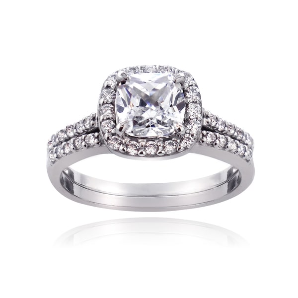 ICZ Stonez Sterling Silver 2 7/8ct TGW Cubic Zirconia Cushion-cut Bridal Engagement Ring Set