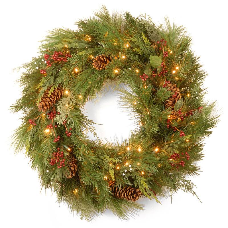 National Tree Company 30 in. White Pine Wreath with White LED Lights - 30 in