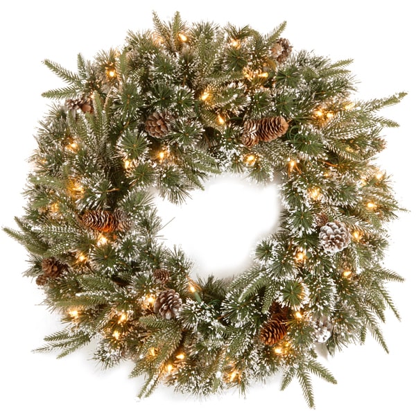 '24' Feel-Real Liberty Pine Wreath with Snow and Pine Cones with 50 Clear Lights