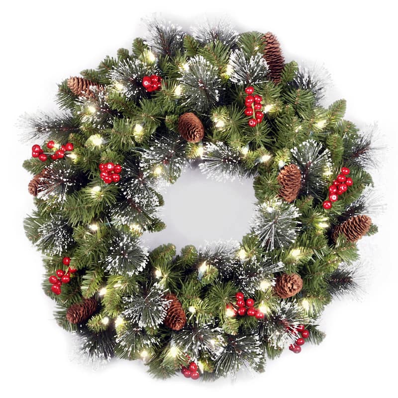 24-inch Holiday Spruce Wreath with Clear Lights - Artificial Wreath - 2 Foot