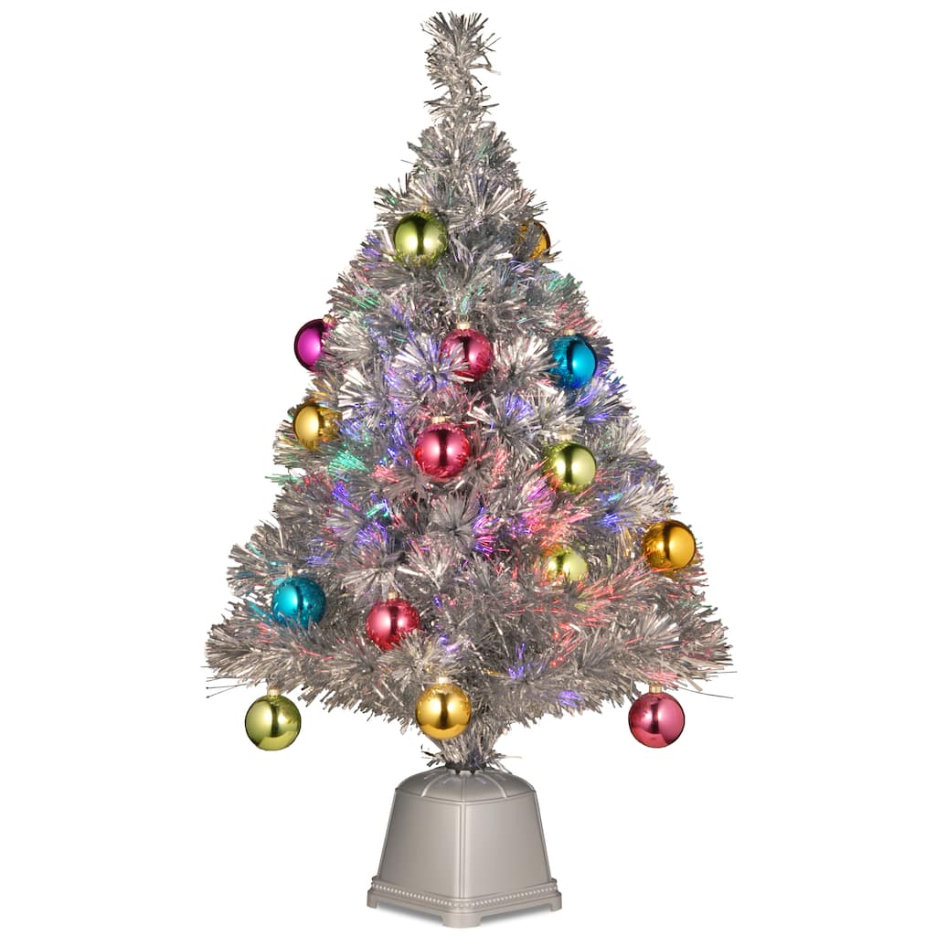 National Tree Company 32 in. Fiber Optic Fireworks Silver Tinsel Tree with 18 Shiny Ornament Balls in a Silver Square Base