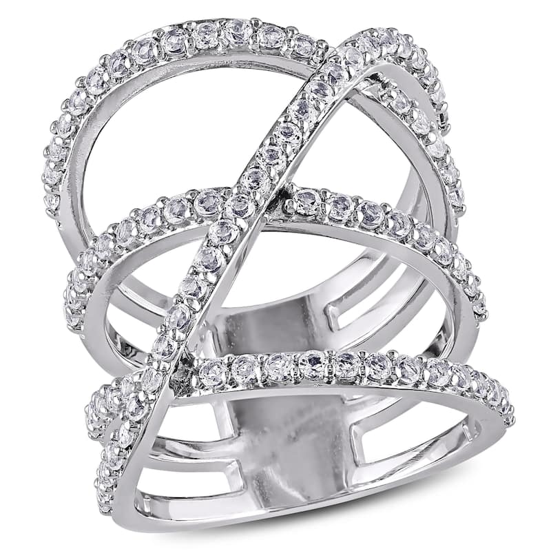 Miadora Sterling Silver White Topaz Crossover Ring