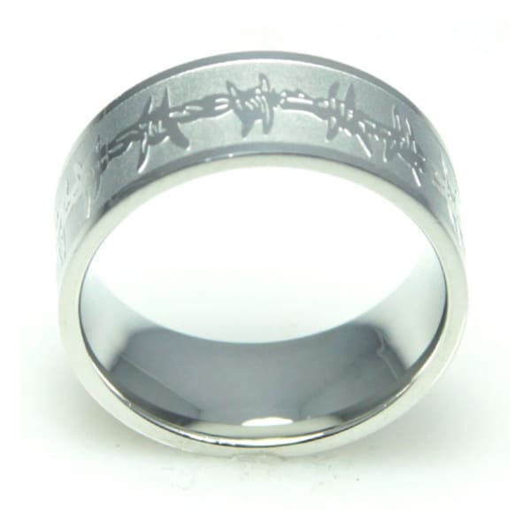 Men's Engraved Barbed Wire Stainless Steel Ring. Opens flyout.