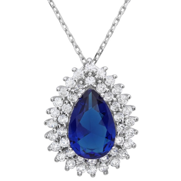 Roberto Martinez Sterling Silver Royal Blue Pear-cut Cubic Zirconia Halo Necklace
