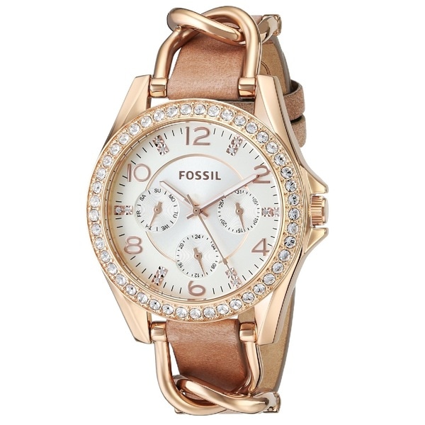 Shop Fossil Women&#39;s ES3466 Riley Multi-function Rose Goldtone Leather Watch - Overstock - 9585303