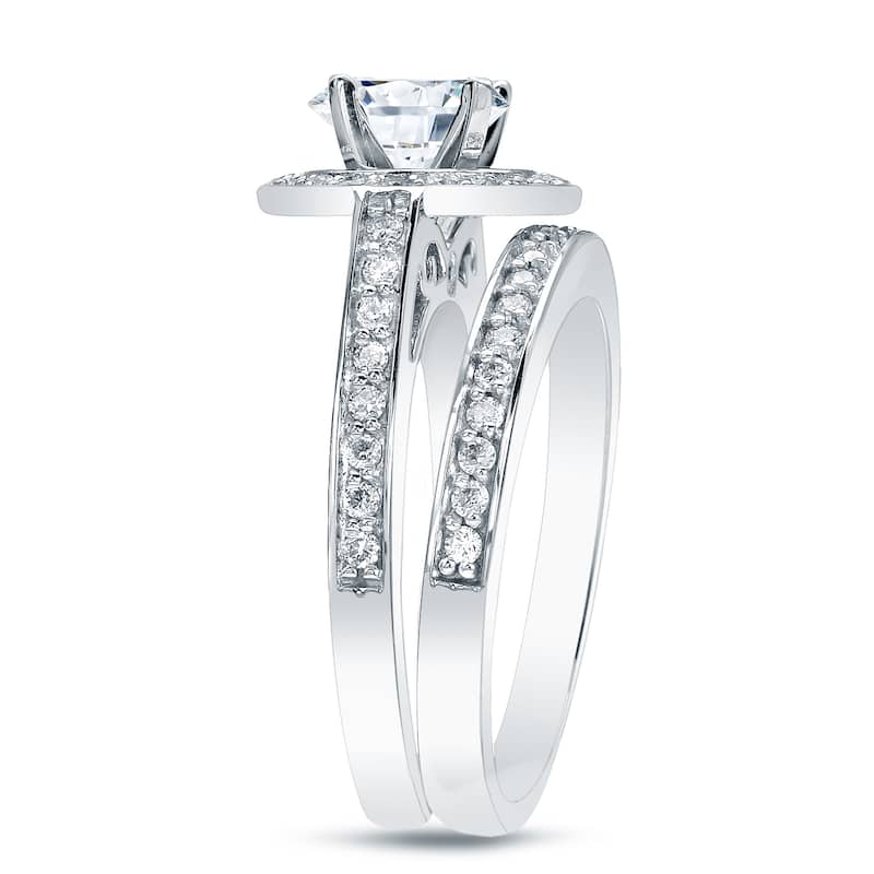 Auriya Modern 1 1/2ct TDW Round Diamond Halo Engagement Ring Set 14K Gold Certified