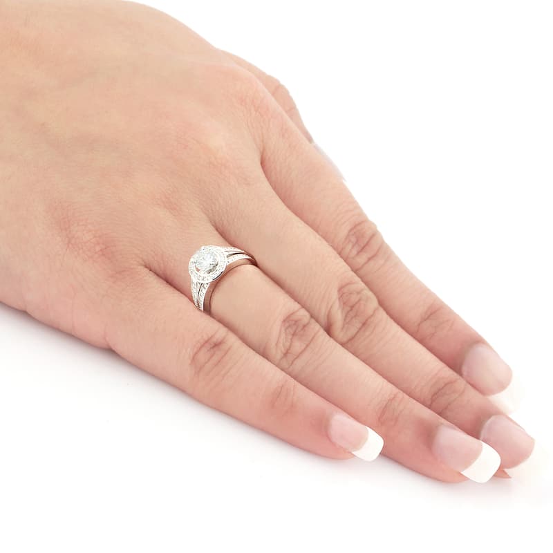Auriya Modern 1 1/2ct TDW Round Diamond Halo Engagement Ring Set 14K Gold Certified