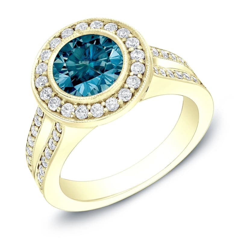 Auriya 14k Gold 2ctw Unique Halo Blue Diamond Engagement Ring (H-I, SI1-SI2) - 4 - Yellow