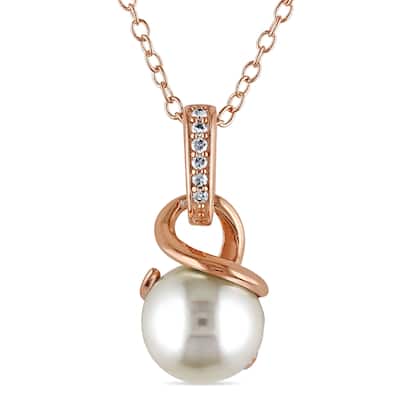 Miadora Rose Goldplated Silver Cultured Freshwater White Pearl and Diamond Accent Necklace (8-8.5 mm)