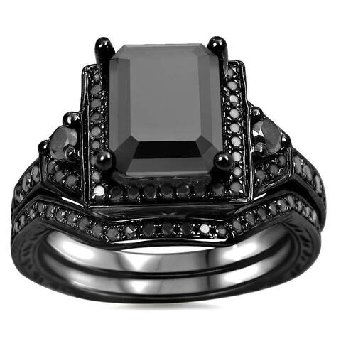 14k Black Gold 2 1/4ct TDW Black Emerald Cut Certified Diamond Bridal Ring Set