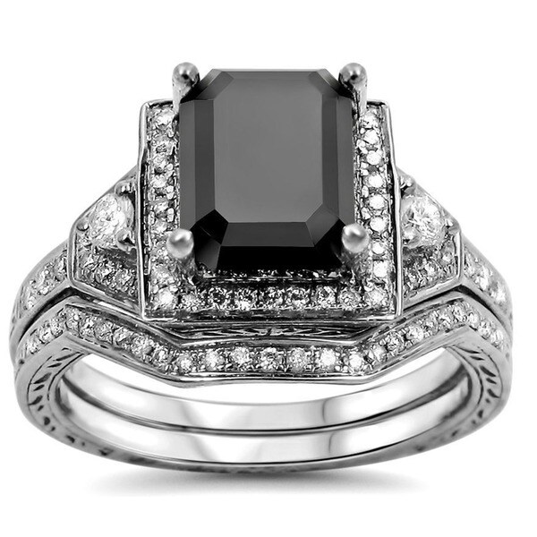 Noori 14k White Gold 2 1/3ct TDW Black and White Certified Diamond Bridal Ring Set