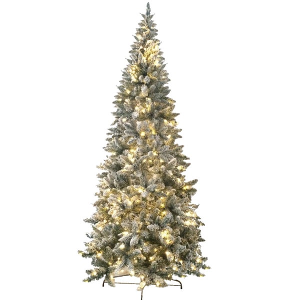 8 Foot Prelit Artificial Flocked Magnolia Fir Tree With 450 LED Warm Lights And Metal 8 Foot Prelit Artificial Flocked Magnolia Fir Tree With 450 LED Warm Lights And Metal
