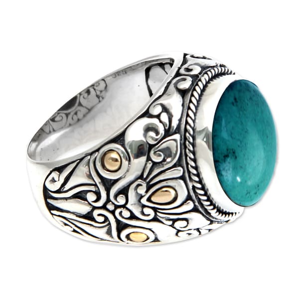 Handmade Taru Tree Men's Sterling Silver Gold Blue Green Turquoise Ring (Indonesia)