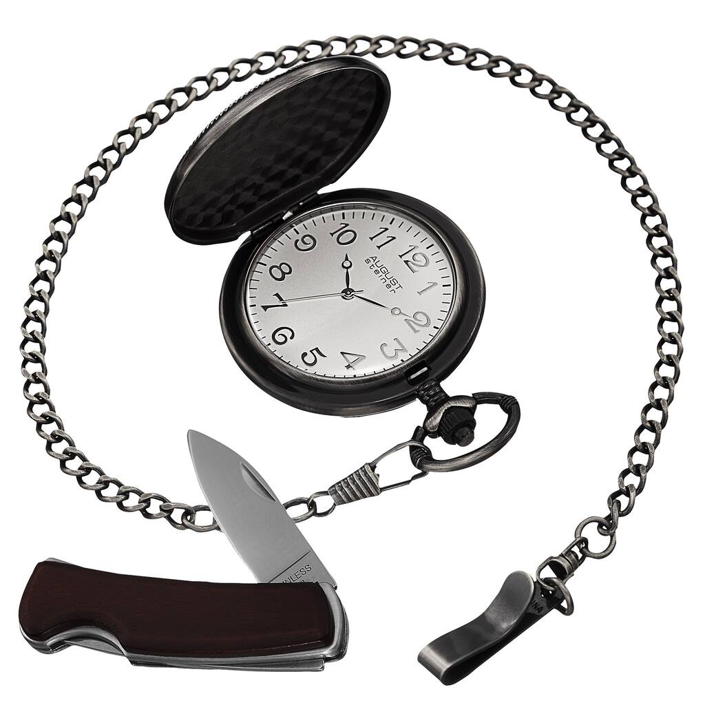 August Steiner Men's Quartz Pocket Watch & Pocket Knife - black