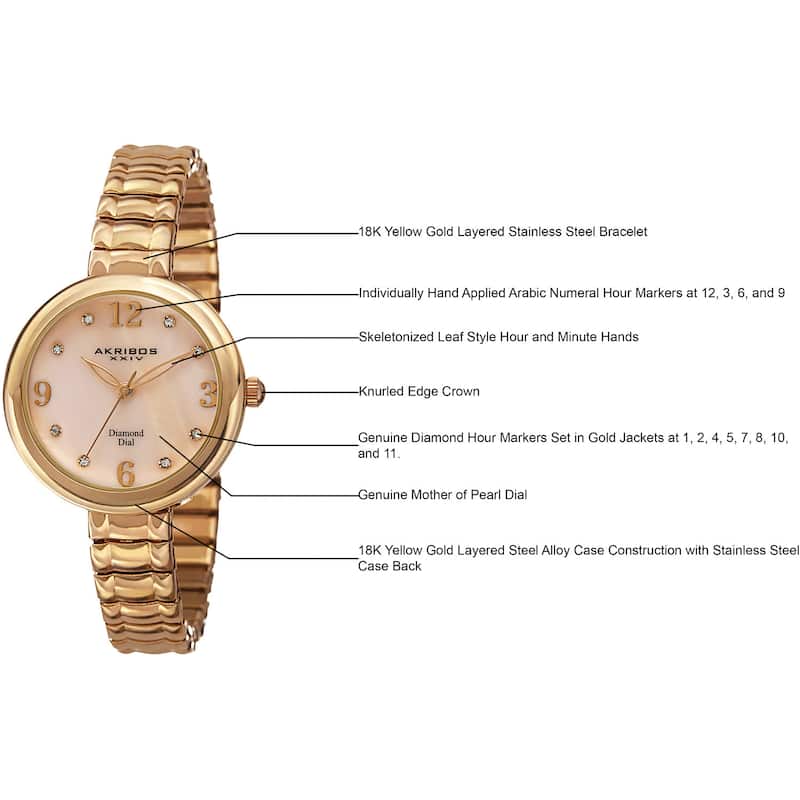Akribos XXIV Women's Quartz Diamond Markers Expandable Gold-Tone Bracelet Watch