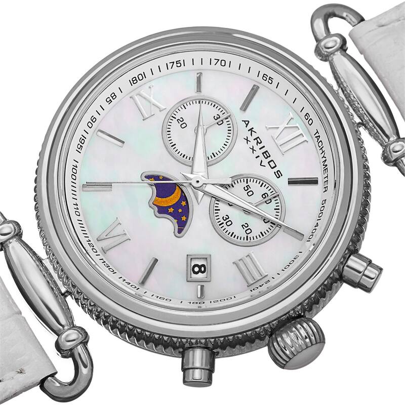 Akribos XXIV Women's Swiss Quartz Chronograph Leather Silver-Tone Strap Watch