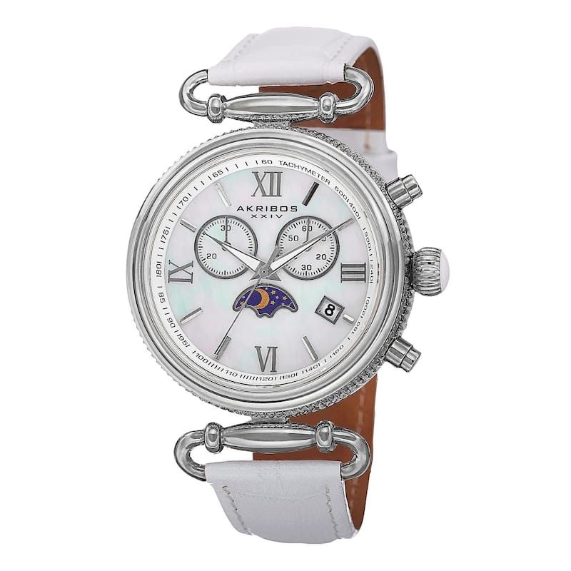 Akribos XXIV Women's Swiss Quartz Chronograph Leather Silver-Tone Strap Watch