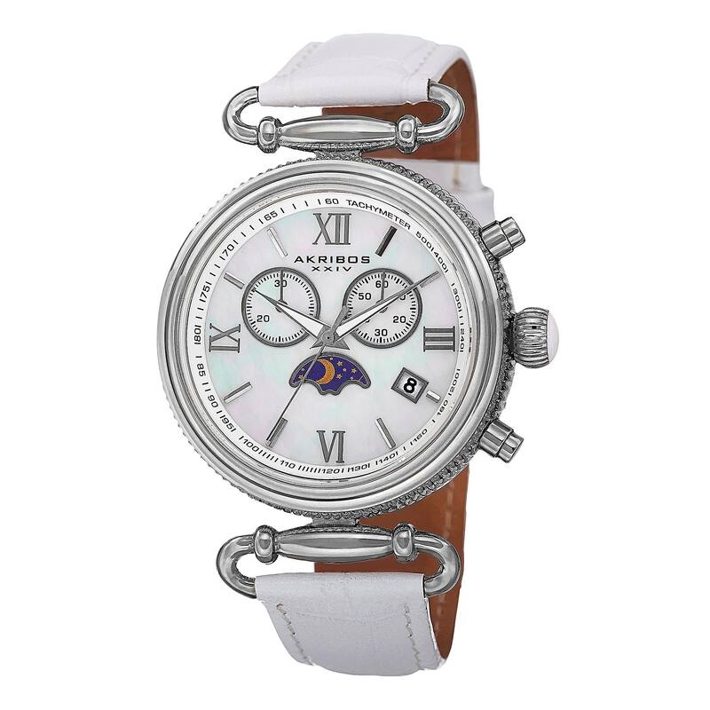 Akribos XXIV Women's Swiss Quartz Chronograph Leather Silver-Tone Strap Watch