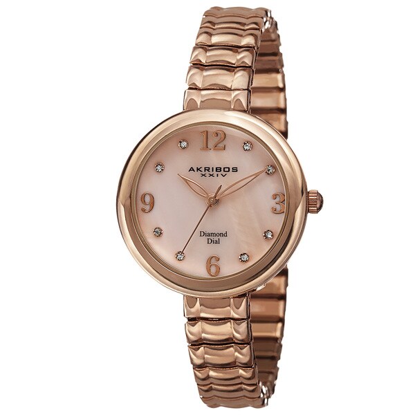Akribos XXIV Women's Quartz Diamond Markers Expandable Rose-Tone Bracelet Watch