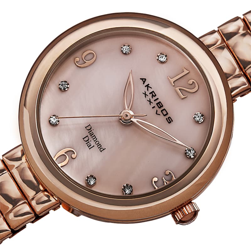 Akribos XXIV Women's Quartz Diamond Markers Expandable Rose-Tone Bracelet Watch