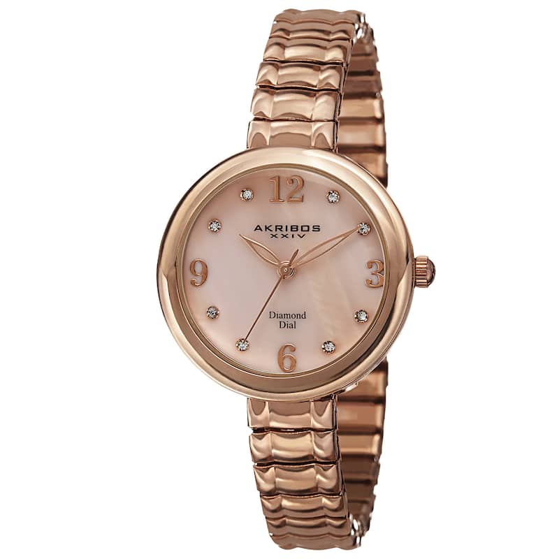 Akribos XXIV Women's Quartz Diamond Markers Expandable Rose-Tone Bracelet Watch