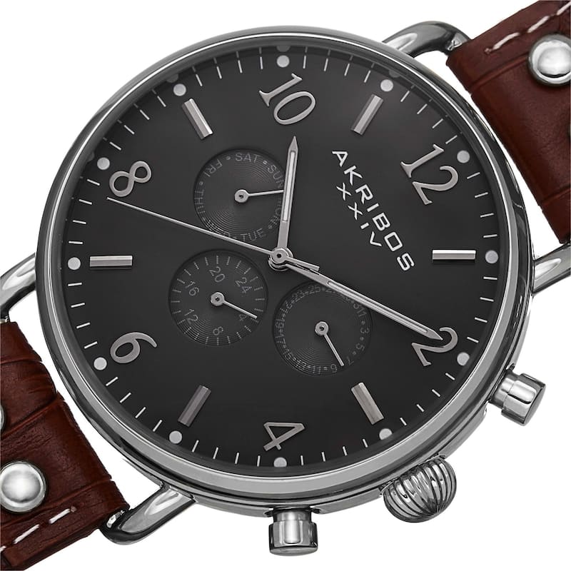 Akribos XXIV Men's Swiss Quartz Multifunction Leather Silver-Tone Strap Watch