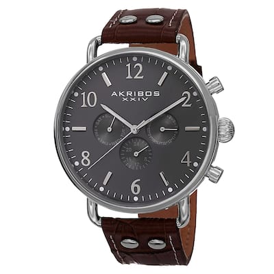 Akribos XXIV Men's Swiss Quartz Multifunction Leather Silver-Tone Strap Watch