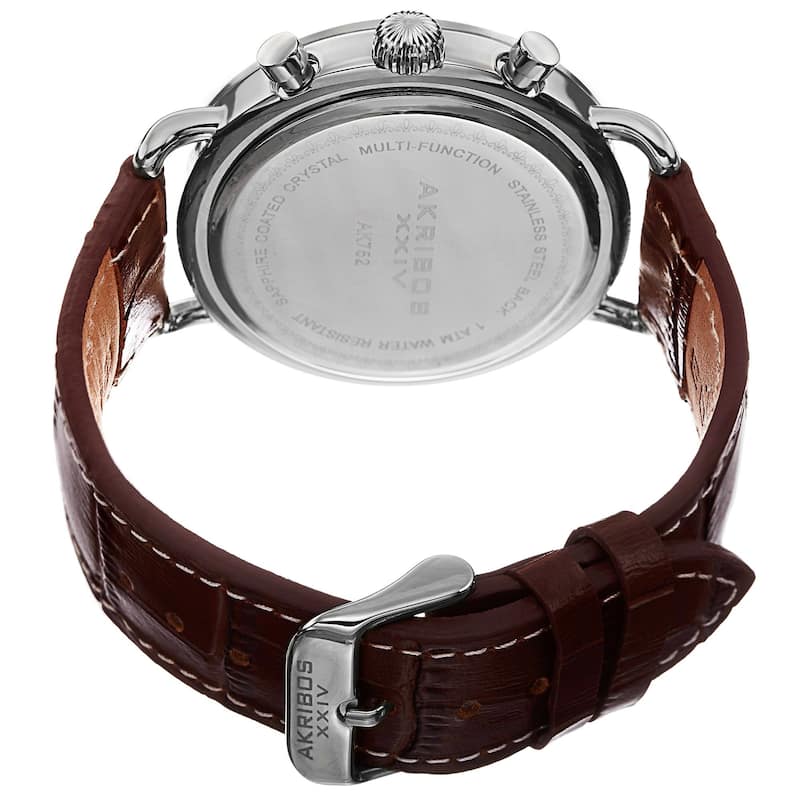 Akribos XXIV Men's Swiss Quartz Multifunction Leather Silver-Tone Strap Watch
