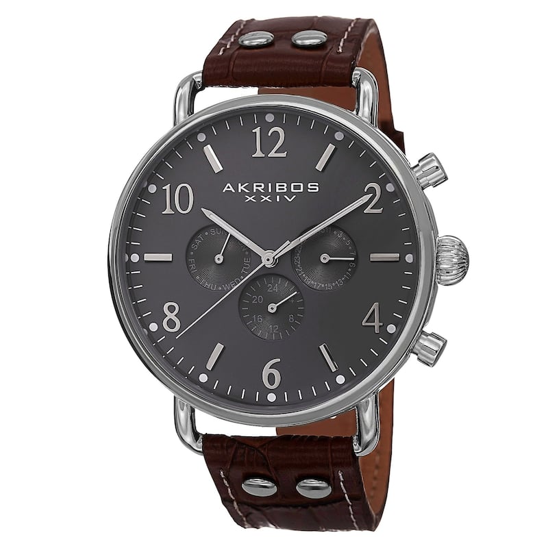 Akribos XXIV Men's Swiss Quartz Multifunction Leather Silver-Tone Strap Watch