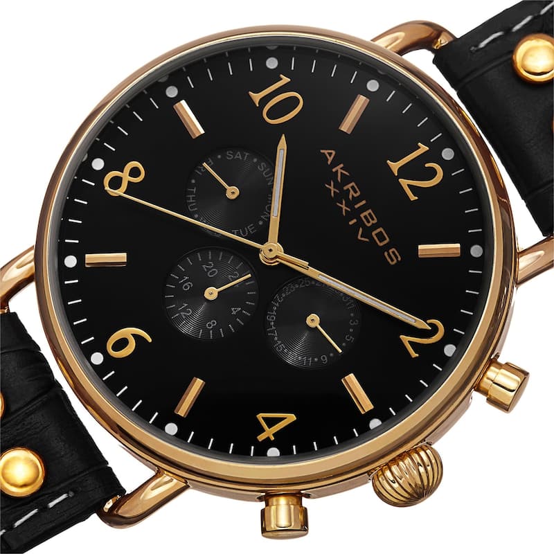 Akribos XXIV Men's Swiss Quartz Multifunction Leather Gold-Tone Strap Watch