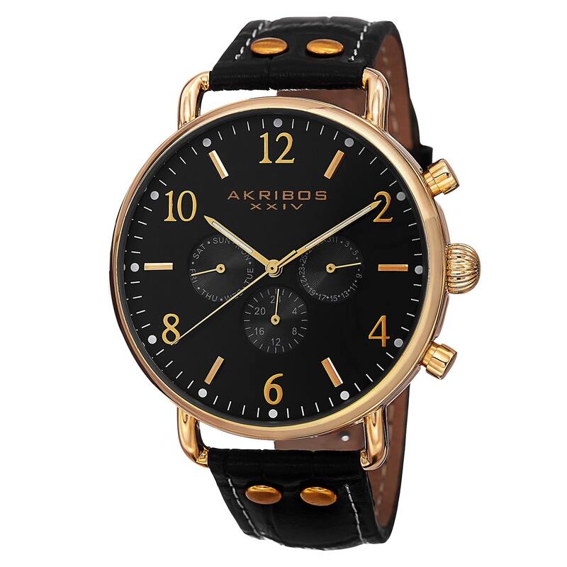 Akribos XXIV Men's Swiss Quartz Multifunction Leather Gold-Tone Strap Watch