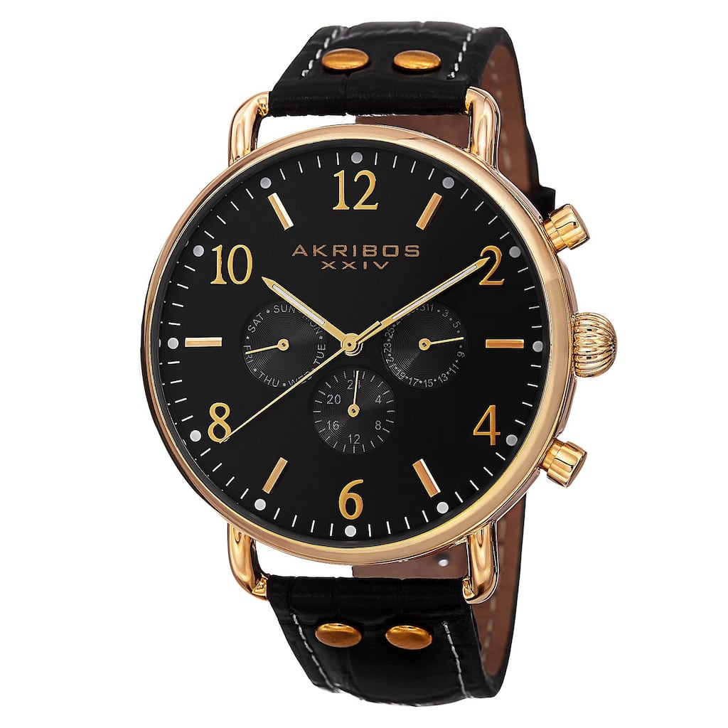 Akribos XXIV Men's Swiss Quartz Multifunction Leather Gold-Tone Strap Watch