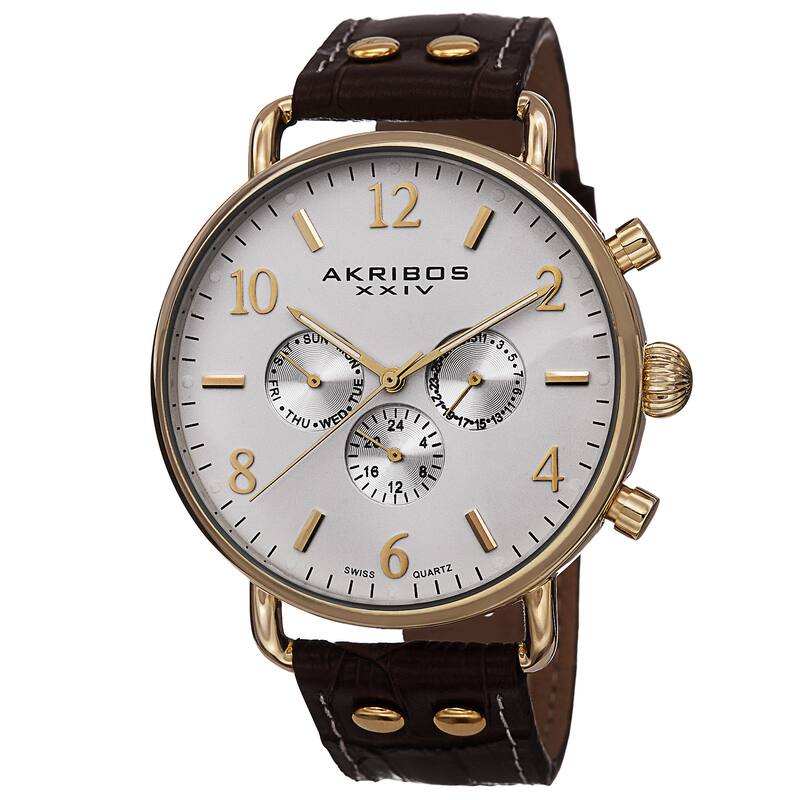 Akribos XXIV Men's Swiss Quartz Multifunction Leather Brown Strap Watch